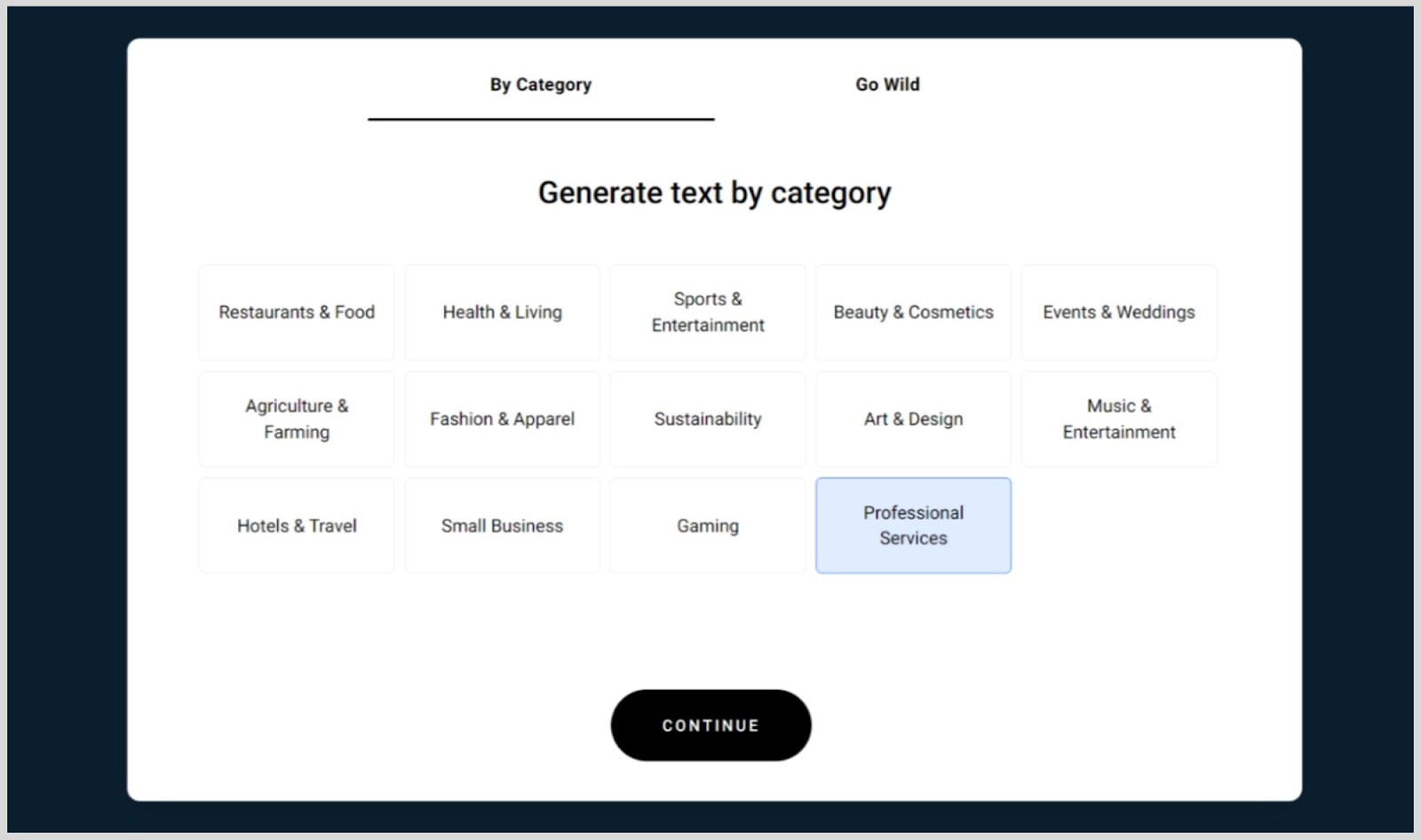 Zyro allows you choose content by category
